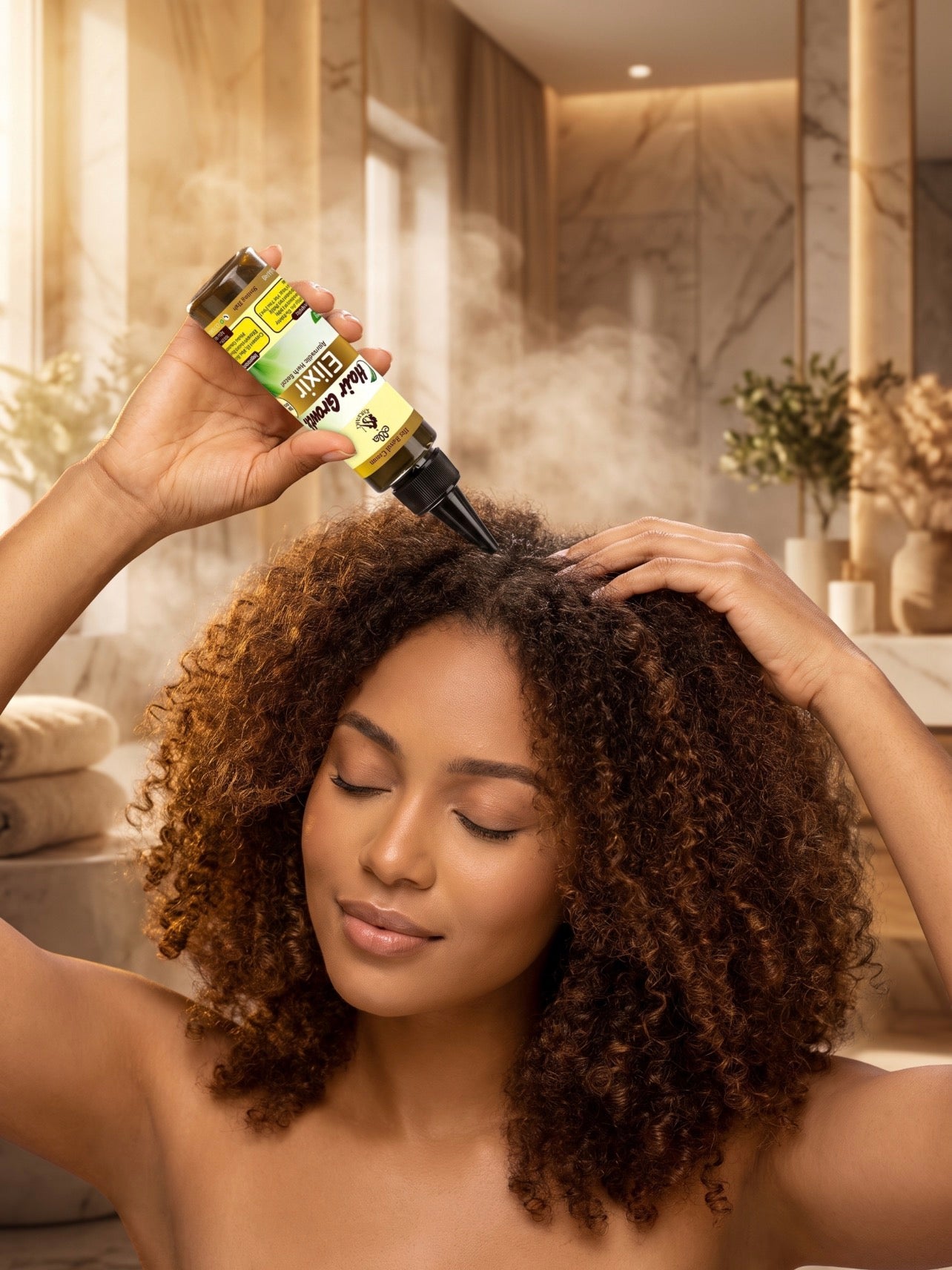 Woman applying Her Royal Crown Hair and Scalp Elixir